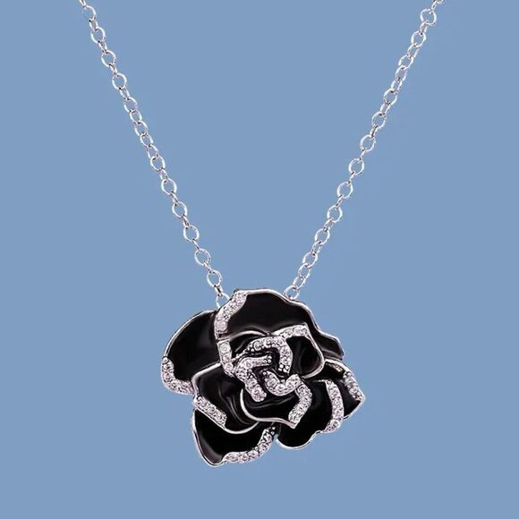 Sterling Silver Black Flower Enamel Drip Rhinestone Necklace Womens New - Picture 3 of 12